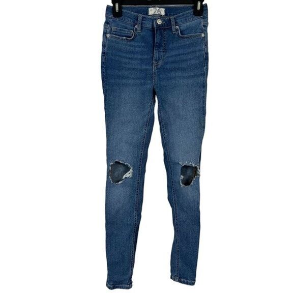 We The Free People Womens Skinny Mid Rise Distressed Destroyed Blue Jeans sz 26 - Picture 1 of 16